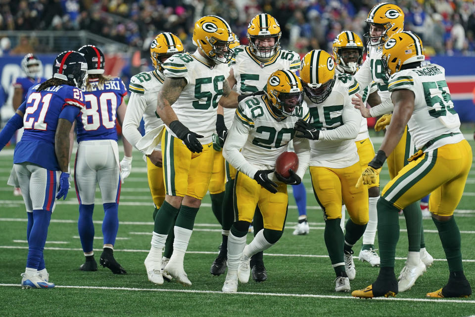 Green Bay Packers safety Rudy Ford (20) celebrates after recovering a fumbled punt by the New York Giants during the third quarter of an NFL football game, Monday, Dec. 11, 2023, in East Rutherford, N.J. (AP Photo/Seth Wenig)