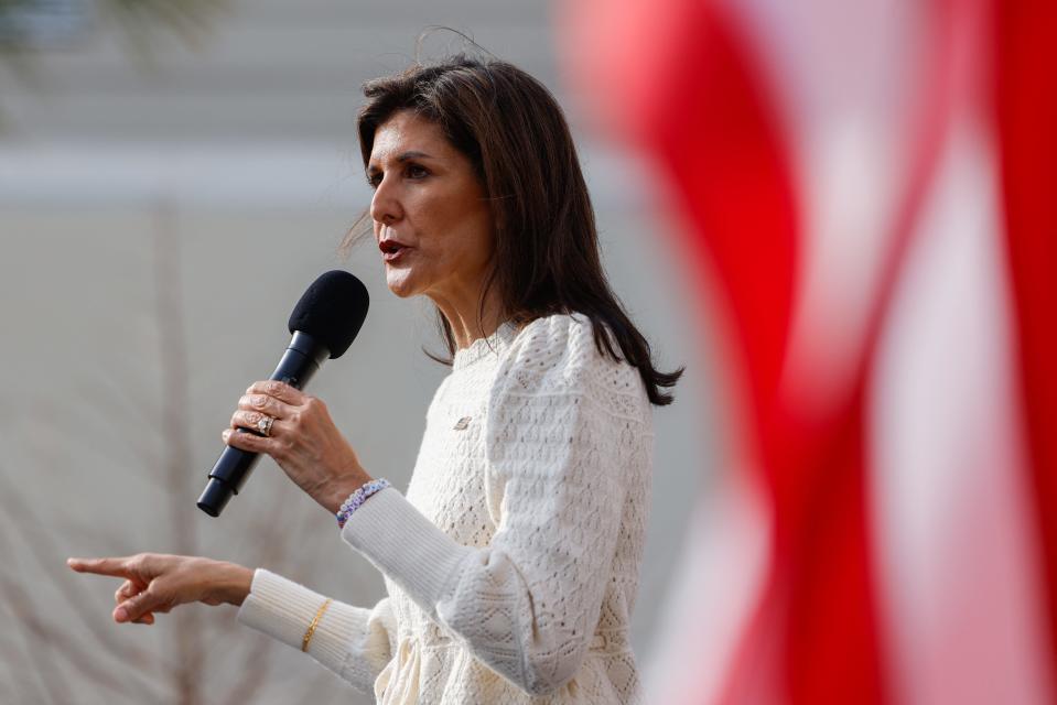 Former South Carolina Gov. Nikki Haley campaigns for president in Georgetown on Feb. 22, 2024, two days before the state holds its Republican primary.