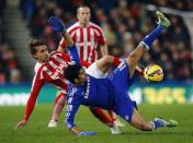 Stoke City's Marc Muniesa (L) challenges Chelsea's Diego Costa during their English Premier League soccer match at the Britannia Stadium in Stoke-on-Trent, northern England December 22, 2014. REUTERS/Darren Staples