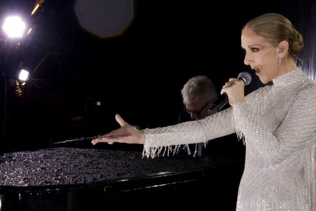 Celine Dion performing on the Eiffel Tower during the opening ceremony of the Paris 2024 Olympic Games Paris 2024 on July 26, 2024. - Credit: Screengrab by IOC via Getty Images