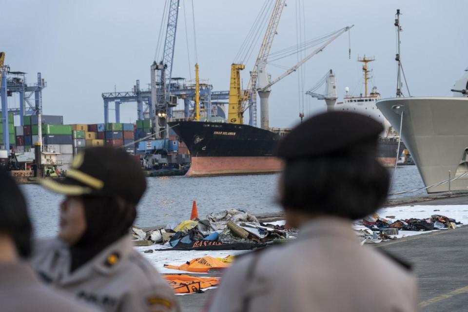 PHOTO: Debris recovered from the crash site sits on the dockside at Tanjung Priok Port in Jakarta, Indonesia, Oct. 29, 2018. A Boeing Co. 737 Max jet, operated by Indonesia's Lion Air, crashed in the Java Sea with 189 people on board. (Rony Zakaria/Bloomberg via Getty Images)