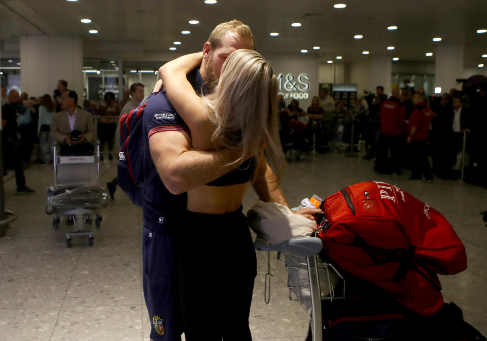 British and Irish James Haskell is greeted my girlfiend Chloe Madeley as he arrives at Heathrow Airport as the British and Irish Lions return to the UK following their series draw with New Zealand. (Photo by Steve Parsons/PA Images via Getty Images)