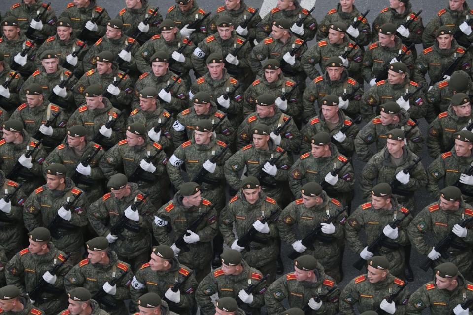 Russian National Guard Service cadets march in Moscow during rehearsal for the 2023 Victory Day military parade.