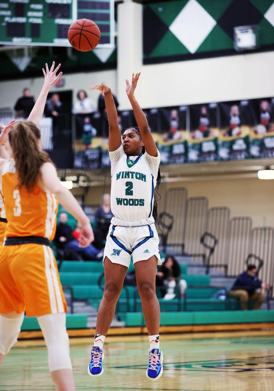 Winton Woods guard Chance Gray attempts a field goal in the girls sectional game between McAuley and Winton Woods high school at Harrison High School Feb. 10, 2022.