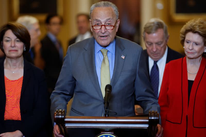 U.S. Senate Majority Leader Schumer speaks with reporters at the U.S. Capitol in Washington