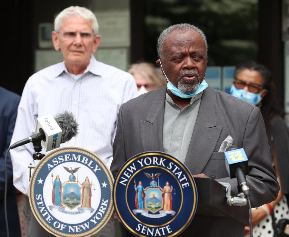 Willie Trotman, Spring Valley branch president of the NAACP, celebrates the passing of a bill to allow monitors to oversee the East Ramapo School District, during a press conference to outside the Martin Luther King Multi Purpose Center in Spring Valley on Friday, June 11, 2021.