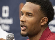 Cleveland Cavaliers first round draft selection, Evan Mobley speaks with reporters during a news conference at the Cavaliers training facility in Independence, Ohio, Friday, July 30, 2021. Mobley was the third selection of the draft. (AP Photo/Phil Long)