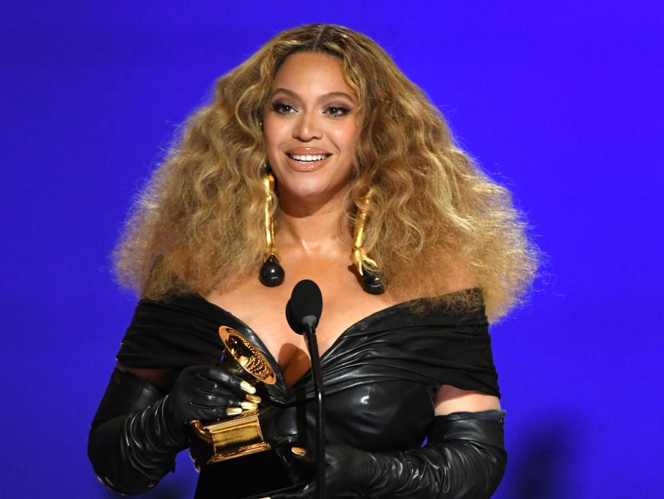 Beyoncé accepts the award for best R&B performance at the 2021 Grammy Awards.