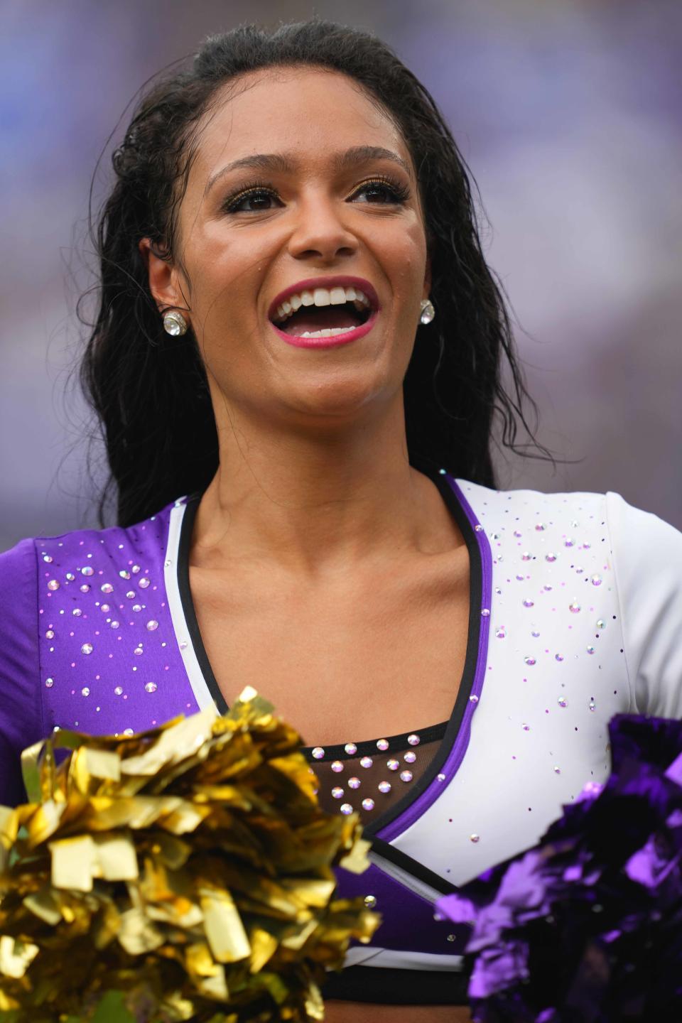 Sep 10, 2023; Baltimore, Maryland, USA; Baltimore Ravens cheerleaders entertain the fans in the fourth quarter against the Houston Texans at M&T Bank Stadium. Mandatory Credit: Mitch Stringer-USA TODAY Sports