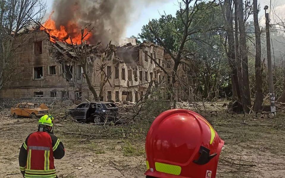 A handout photo made available by the Serhii Lysak, the Head of the Dnipropetrovsk Regional State Administration of a destroyed clinic after shelling in Dnipro, central Ukraine