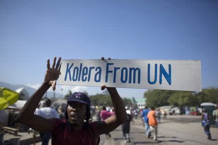 A protester holds up a sign during a demonstration against the UN mission in downtown Port-au-Prince November 18, 2010. REUTERS/Allison Shelley