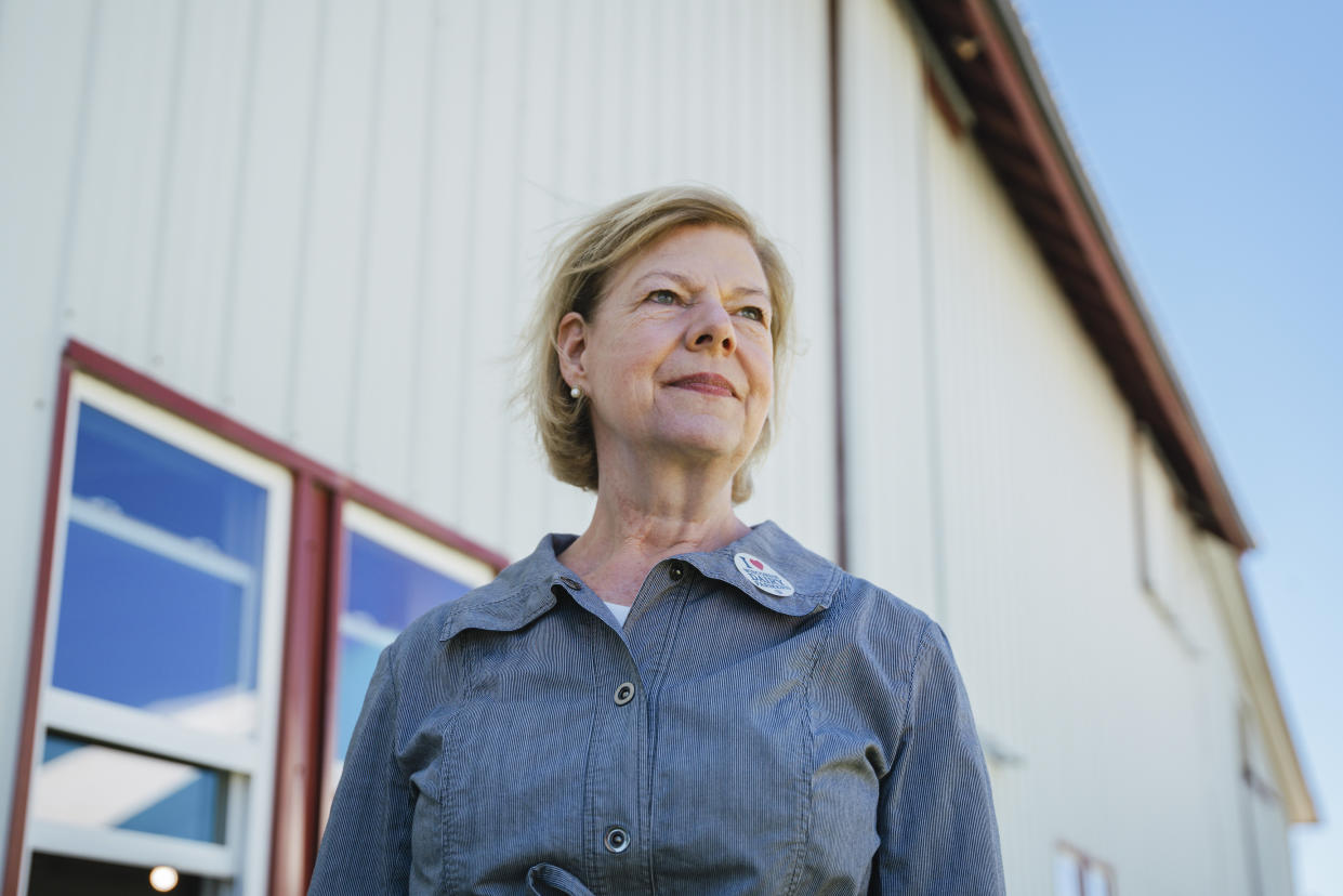 Sen. Tammy Baldwin (D-Wis.) at an annual dairy breakfast at Huff-Nel-Sons Dairy Farm in Richland Center, Wis., June 9, 2024.  (Jamie Kelter Davis/The New York Times)