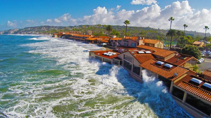 This is a picture of the king high tide crashing against this restaurant on the sand in la jolla shores. the king tide was at the peak in this photo at +7feet . is this a result of higher tides due to global warning.Today many coastal communities are seeing more frequent flooding during high tides. As sea level rises higher over the next 15 to 30 years, tidal flooding is expected to occur more often, cause more disruption, and even render some areas unusable .