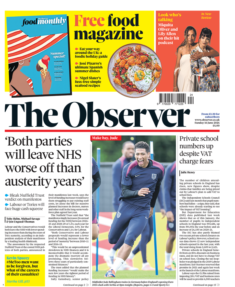 The headline on the front page of the Observer reads: "Both parties will leave NHS worse off than austerity years"