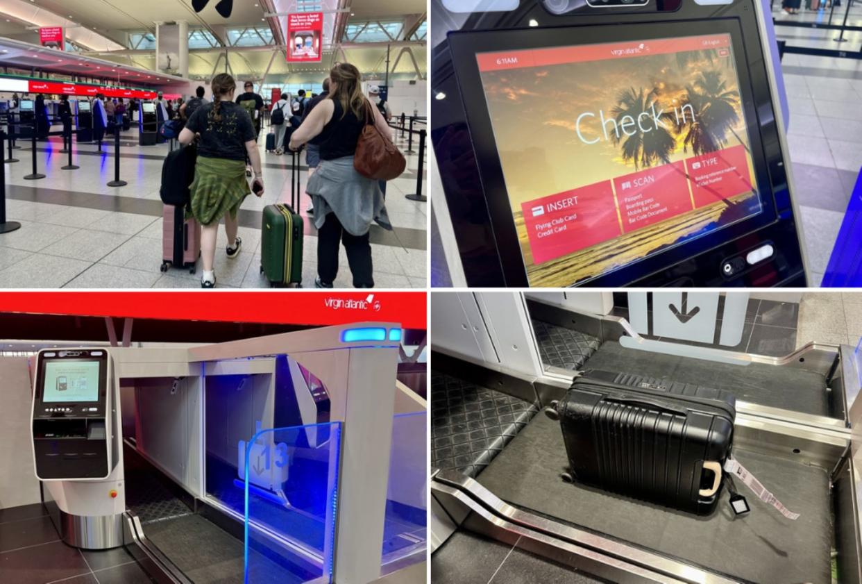 Photo collage of the red-branded check-in kiosk and bag drop at Virgin's check-in desk.