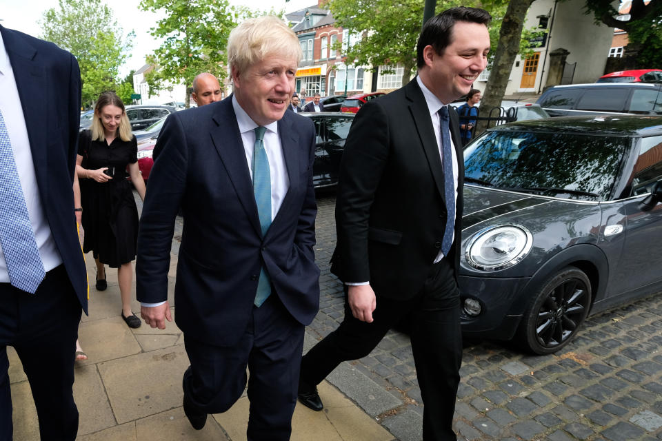 Conservative party leadership candidate Boris Johnson with Ben Houchen, Tees Valley Mayor during a visit to Guisborough, North Yorkshire.