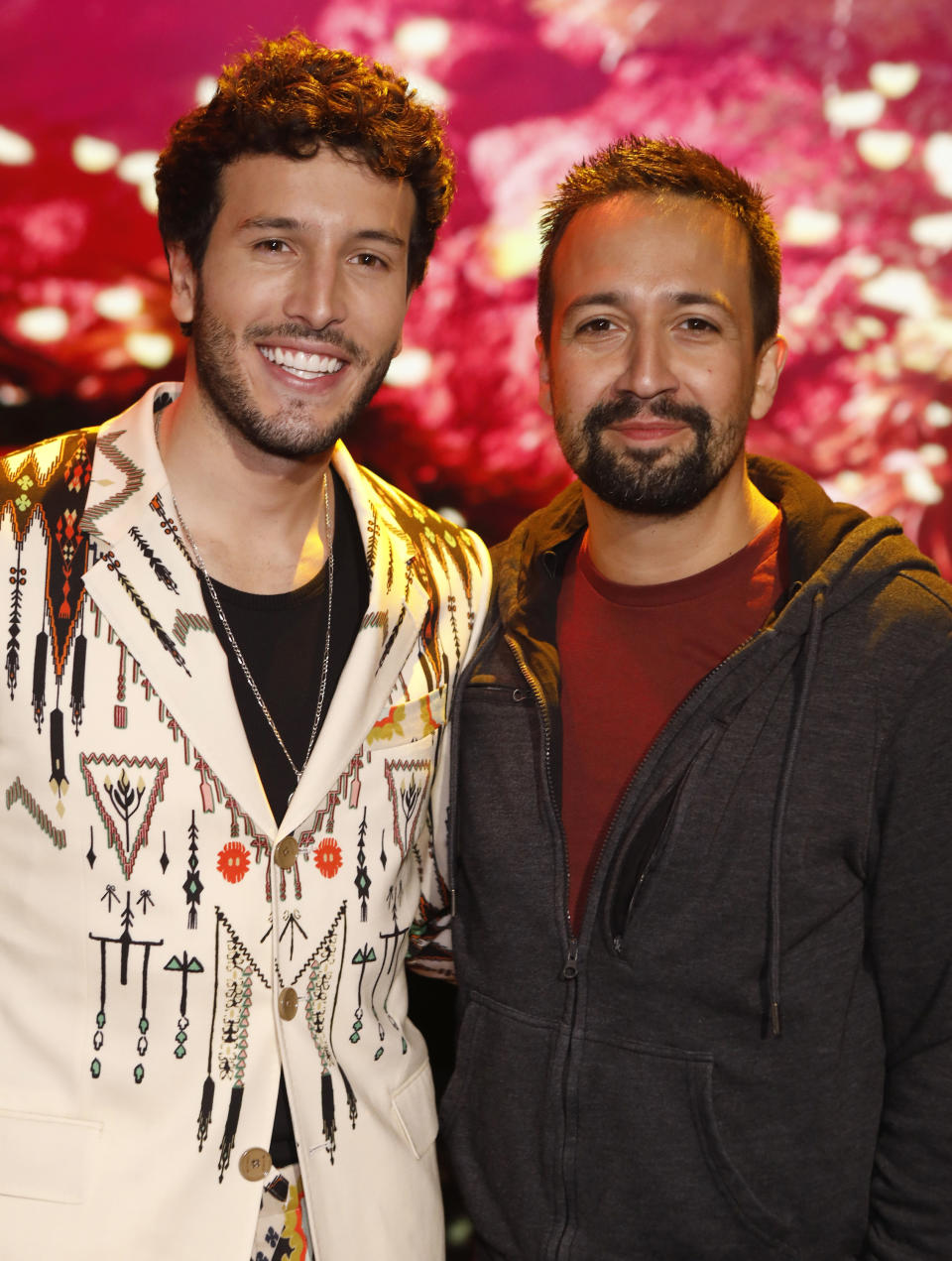 Sebastián Yatra and Lin-Manuel pose together as they sit in as guests on "Jimmy Kimmel Live!"