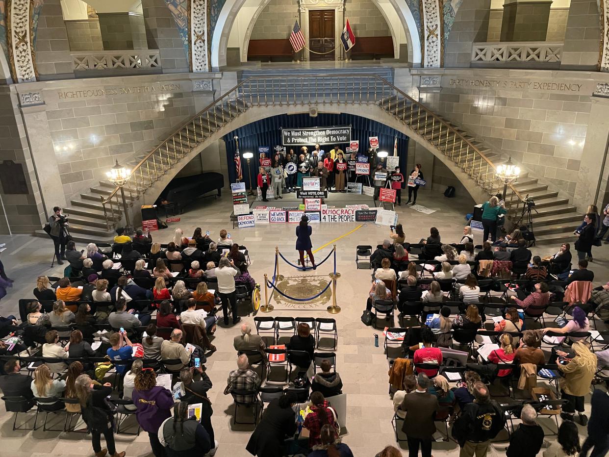 Supporters of preserving the initiative petition process in its current form gather at the Missouri State Capitol Building in Jefferson City on Jan. 30, 2024.