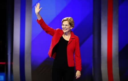 Senator Elizabeth Warren arrives onstage for the start of the 2020 Democratic U.S. presidential debate in Houston