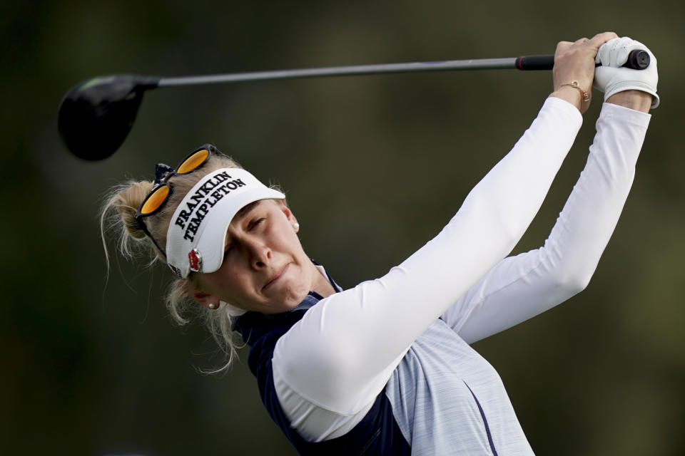 Jessica Korda watches her tee shot on the second hole during the first round of the LPGA Tour ANA Inspiration golf tournament at Mission Hills Country Club Thursday, April 4, 2019, in Rancho Mirage, Calif. (AP Photo/Chris Carlson)