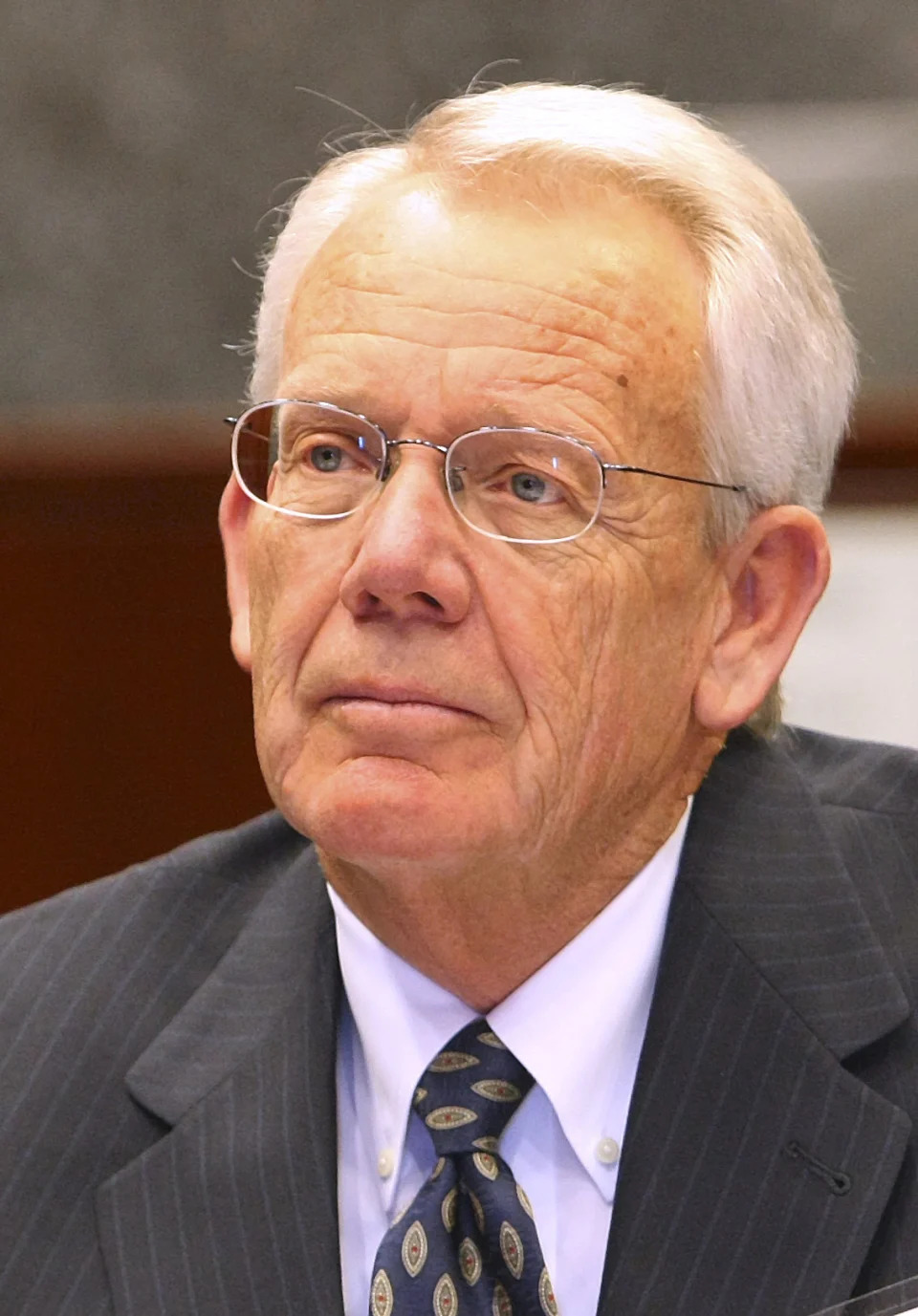 U.S. Federal Court Judge Larry Hicks listens during a news conference at the Lloyd George U.S. Courthouse Friday, June 6, 2008, in Las Vegas. Hicks, a federal judge in Nevada for more than 20 years, died after being struck by a vehicle on Wednesday, May 29, 2024, near the courthouse in Reno, authorities and his family said. He was 80. (Gary Thompson/Las Vegas Review-Journal via AP)