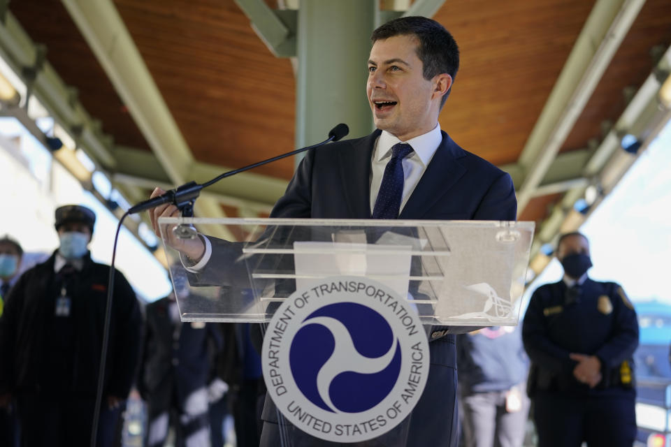 Transportation Secretary Pete Buttigieg speaks at Union Station in Washington on Feb. 5, 2021. (Carolyn Kaster/AP)