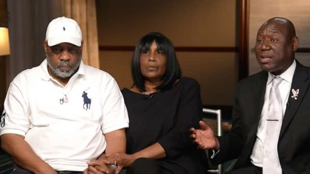 PHOTO: RowVaughn Wells, mother of Tyre Nichols sits with her husband, Tyre's stepfather Rodney Wells and civil rights Attorney Ben Crump during an interview with ABC News, Jan. 27, 2023. (ABC News)