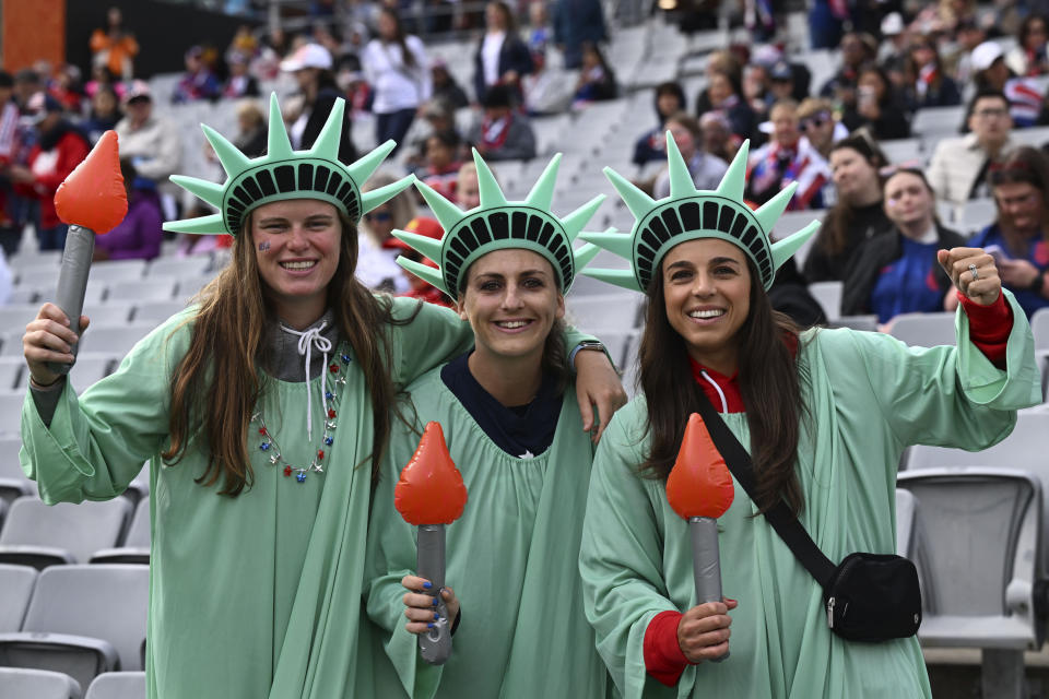 United States' fans cheer before the start of the Women's World Cup Group E soccer match between the United States and Vietnam at Eden Park in Auckland, New Zealand, Saturday, July 22, 2023. (AP Photo/Andrew Cornaga)
