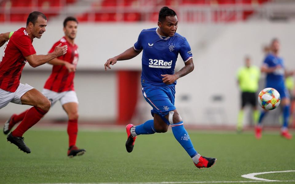 Alfredo Morelos of Rangers scores his team's fifth goal during the UEFA Europa League second qualifying round match between Lincoln Red Imps and Rangers at Victoria Stadium - Fran Santiago/Getty Images