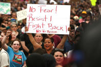 <p>BOThousands of protesters prepare to march in Boston against a planned ‘Free Speech Rally’ just one week after the violent ‘Unite the Right’ rally in Virginia left one woman dead and dozens more injured on August 19, 2017 in Boston, Mass. (Photo: Spencer Platt/Getty Images) </p>