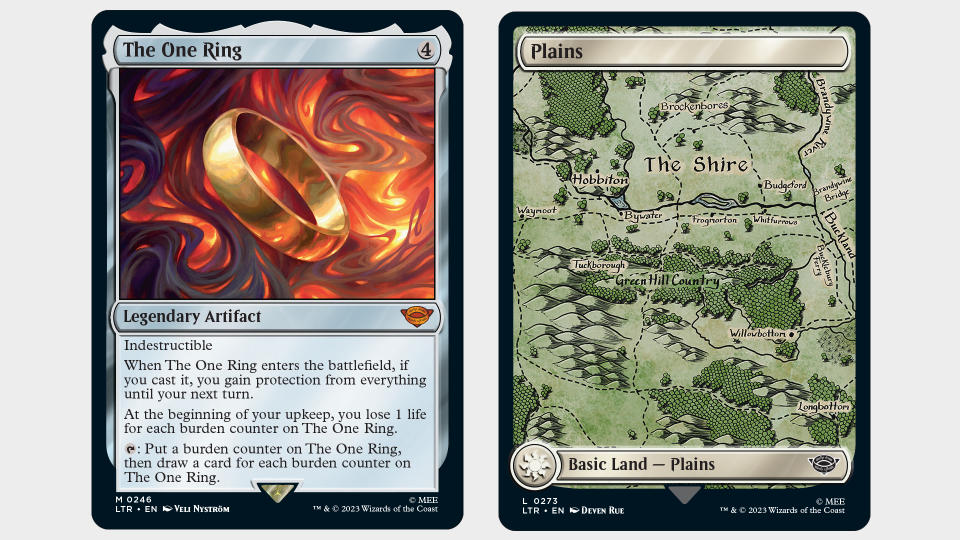 The One Ring and Plains cards from MTG Lord of the Rings, on a plain background