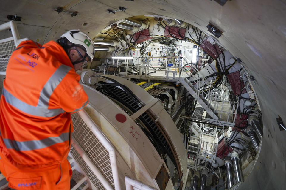 Florence - the largest ever tunnel boring machine used on a UK rail project - is unveiled at the HS2 site in West Hyde near Rickmansworth in Hertfordshire. Picture date: Thursday May 13, 2021. (Photo by Steve Parsons/PA Images via Getty Images)