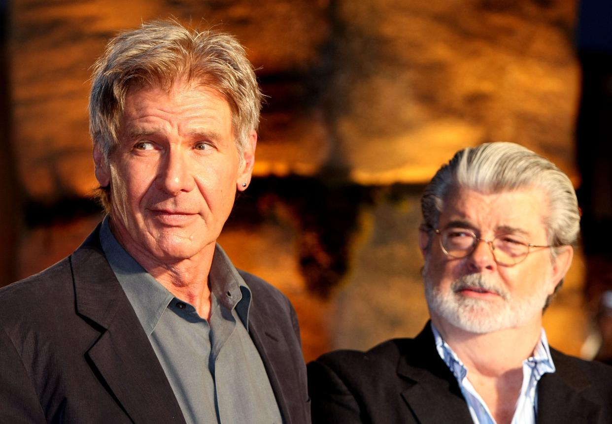 <p>Harrison Ford and George Lucas  at the Japanese premiere of ‘Indiana Jones and the Kingdom of the Crystal Skull’  in 2008.</p> (Koichi Kamoshida/Getty Images)