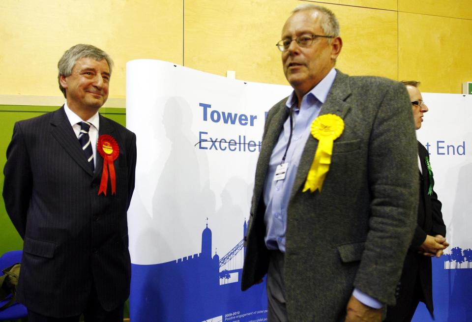 Labour's Jim Fitzpatrick after he held on to the Poplar and Limehouse seat, with Liberal Democrat candidate Jonathan Fryer (right) at Mile End Park Leisure Centre in east London, 2010 - Sean Dempsey/PA Archive