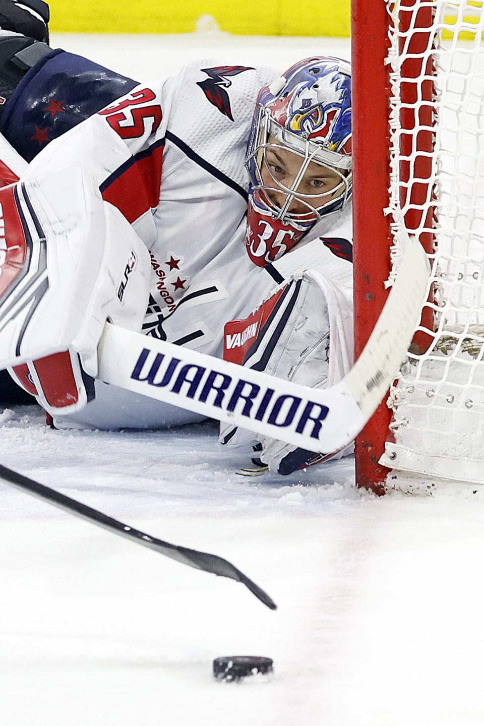 Washington Capitals goaltender Darcy Kuemper (35) watches the puck during the second period of an NHL hockey game against the Carolina Hurricanes in Raleigh, N.C., Sunday, Dec. 17, 2023. (AP Photo/Karl B DeBlaker)