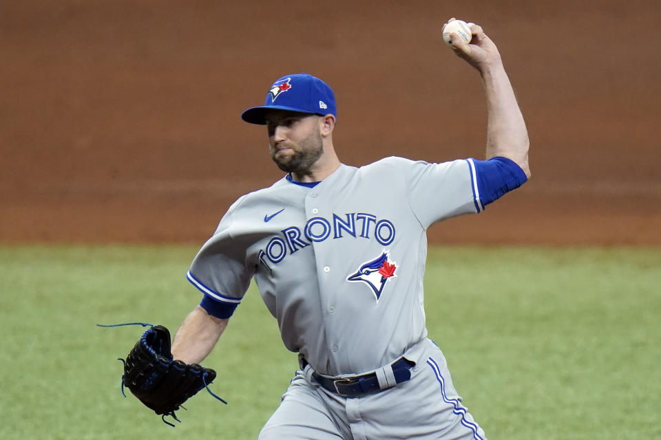 Toronto Blue Jays relief pitcher Tim Mayza delivers to the Tampa Bay Rays during the fifth inning of a baseball game Sunday, April 25, 2021, in St. Petersburg, Fla. (AP Photo/Chris O'Meara)