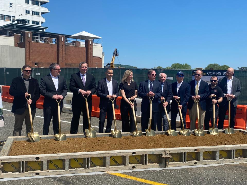 Dignitaries gather for the ceremonial groundbreaking of the new Caesars Sportsbook at Monmouth Park on May 7, 2024 in Oceanport, N.J.