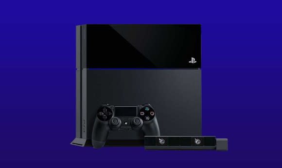 Sony Playstation 4 with controller against a blue/purple background.