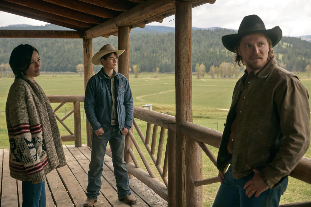 Kelsey Asbille as Monica Long, Brecken Merrill as Tate Dutton and Luke Grimes as Kacey Dutton in the second half of Season 5 of "Yellowstone."