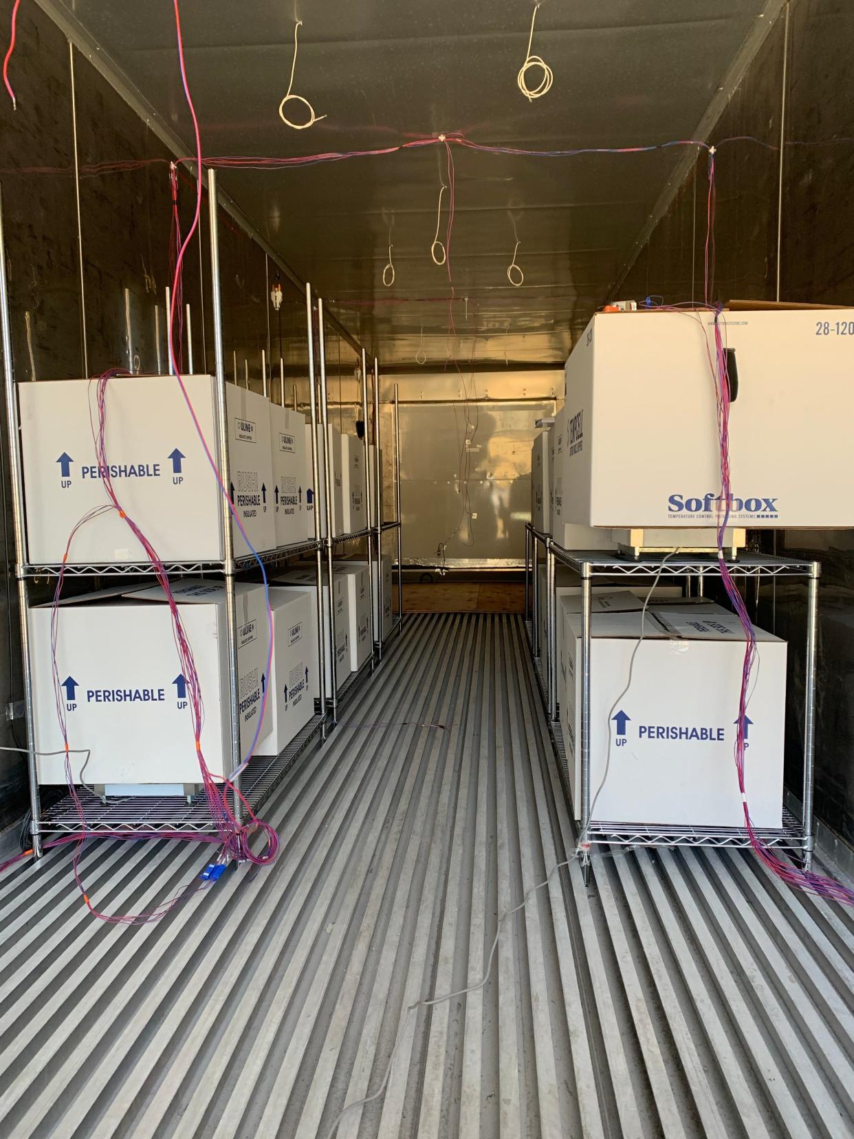 Oak Ridge National Laboratory researchers proved that COVID-19 vaccines can be kept ultra-cool for an extended period in a retrofitted commercial storage container, shown here on the inside, providing a resource for safe delivery to remote locations.