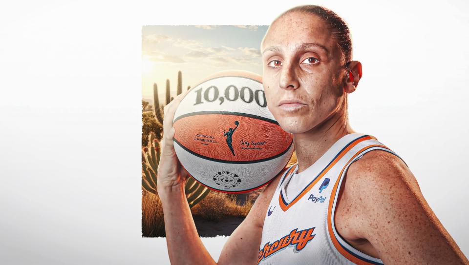 Phoenix Mercury guard Diana Taurasi surpassed 10,000 career regular-season points in the WNBA during the 2023 season. (Illustration by Stefan Milic/Yahoo Sports)