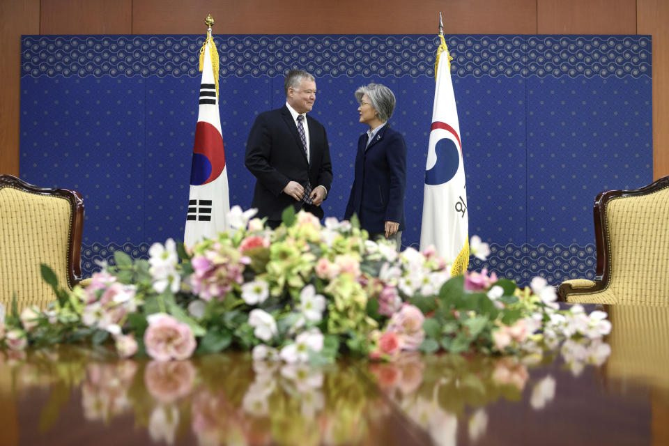 U.S. Special Representative for North Korea Stephen Beigun, left, and South Korean Foreign Minister Kang Kyung-wha talk during their meeting at Foreign Ministry in Seoul Saturday, Feb. 9, 2019. Beigun returned from three days of talks in Pyongyang, North Korea, before the second summit between U.S. President Donald Trump and North Korean leader Kim Jong Un in Vietnam later this month. (Ed Jones/Pool Photo via AP)