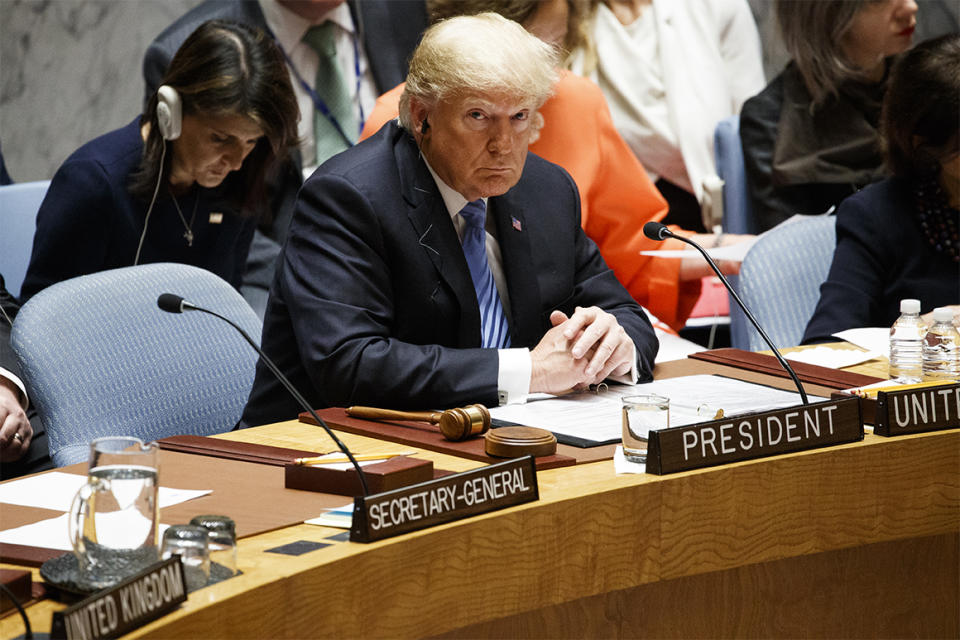 President Donald Trump participates in a United Nations Security Council briefing on counterproliferation at the United Nations General Assembly, Wednesday, Sept. 26, 2018, at U.N. Headquarters. (AP Photo/Evan Vucci)