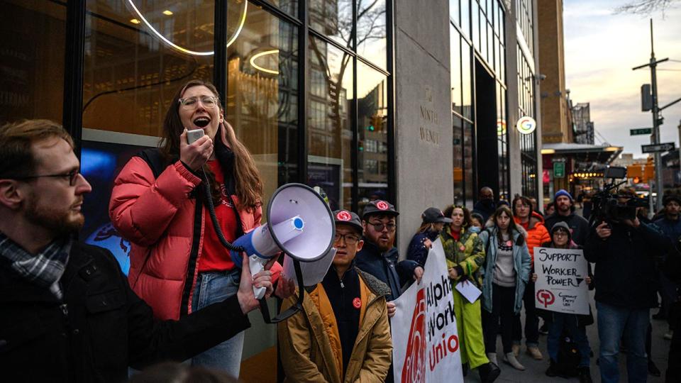 Members of the Alphabet Workers Union (CWA) hold a rally outside the Google office in response to recent layoffs, in New York on February 2, 2023.