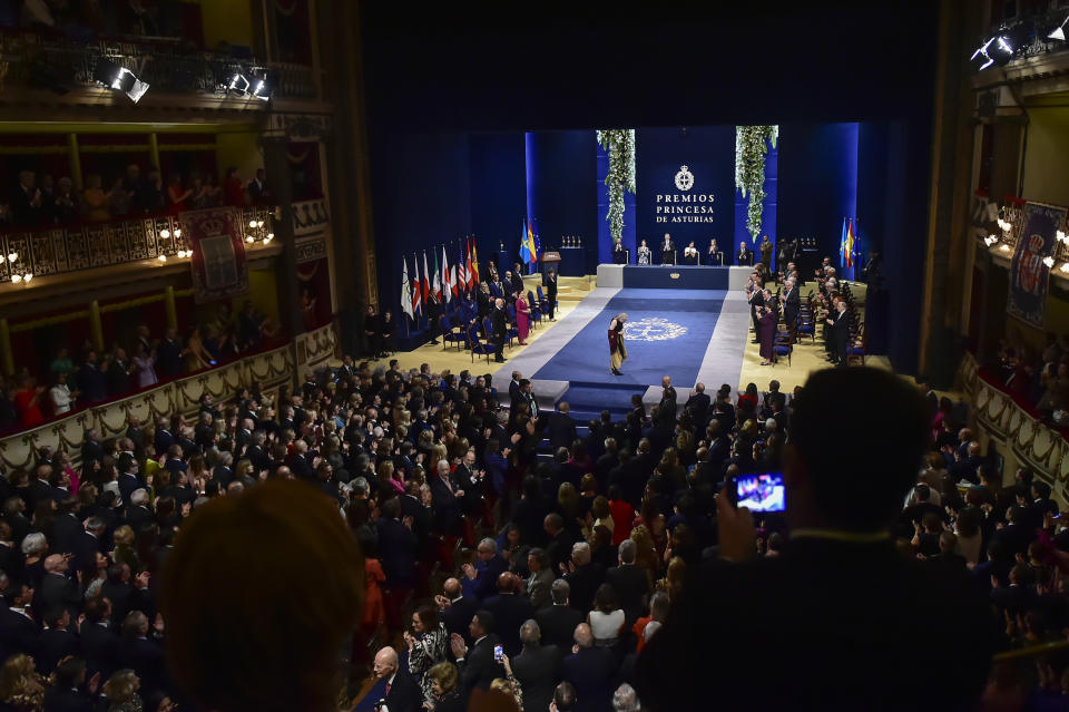 Spectators applaud during the 2022 Princess of Asturias Awards ceremony in Oviedo, northern Spain, Friday, Oct. 28, 2022. The awards, named after the heir to the Spanish throne, are among the most important in the Spanish-speaking world. (AP Photo/Alvaro Barrientos)