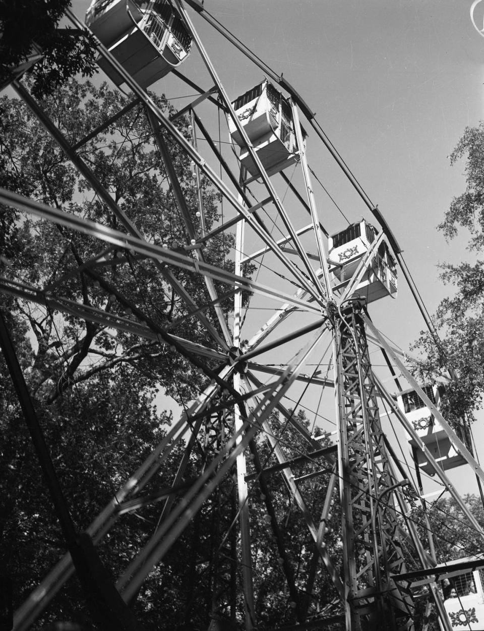 August 1941: “With the summer season nearing an end, the Forest Park Zoo remains one of the most popular destinations in Fort Worth. In the carnival section of the park, children are riding the Ferris Wheel as they get an overhead view of the zoo.”