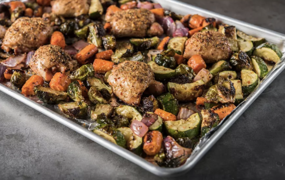 <p>This is a great choice for an easy, hands-off summer dinner. Simply roast boneless chicken breasts with any <a href="https://www.thedailymeal.com/healthy-eating/monthly-guide-seasonal-produce?referrer=yahoo&category=beauty_food&include_utm=1&utm_medium=referral&utm_source=yahoo&utm_campaign=feed" rel="nofollow noopener" target="_blank" data-ylk="slk:in-season vegetables;elm:context_link;itc:0;sec:content-canvas" class="link ">in-season vegetables</a> you find at your farmers market or grocery store and toss with a savory blend of spices. It pretty much makes itself right in one pan. </p> <p><a href="https://www.thedailymeal.com/recipes/farmers-market-chicken-and-vegetables-recipe?referrer=yahoo&category=beauty_food&include_utm=1&utm_medium=referral&utm_source=yahoo&utm_campaign=feed" rel="nofollow noopener" target="_blank" data-ylk="slk:For the Farmers Market Chicken and Vegetables recipe, click here.;elm:context_link;itc:0;sec:content-canvas" class="link ">For the Farmers Market Chicken and Vegetables recipe, click here. </a></p>