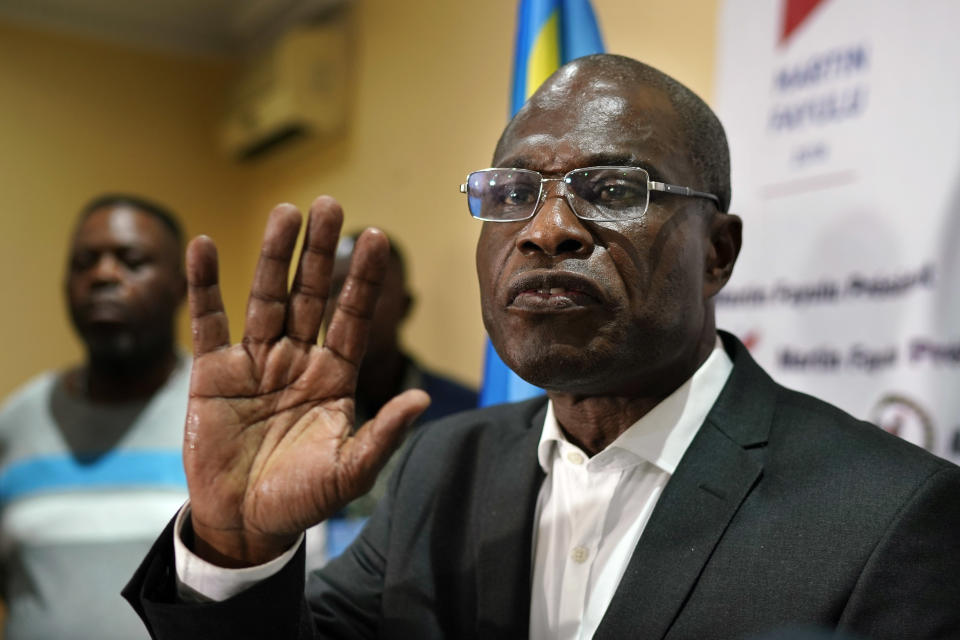 File-This jan. 10, 2019, file photo shows opposition candidate Martin Fayulu speaking to the press at his headquarters in Kinshasa, Congo. Congo's Constitutional Court early Sunday, Jan. 20, 2019, declared the election of Felix Tshisekedi as president, rejecting challenges to the vote by runner-up Fayulu, who had alleged fraud. Tshisekedi, son of the late, charismatic opposition leader Etienne, is now set to be inaugurated on Tuesday.(AP Photo/Jerome Delay, File)