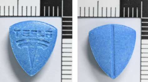 Shield-shaped Tesla branded pills were also up to three times the regular MDMA dosage. Source: NSW Health