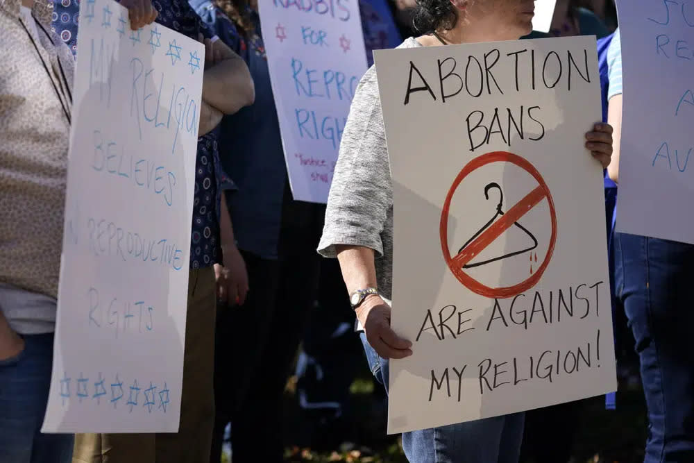 Rabbis and supporters from around the country gather for a rally, one day after the midterm elections, to show their support for protecting abortion rights, Nov. 9, 2022, in Clayton, Mo. (AP Photo/Jeff Roberson, File)